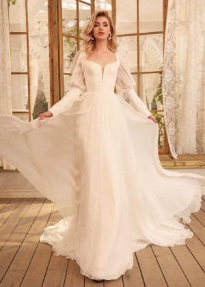 Long Sleeves Ivory Chiffon Corset Back Wedding Dress